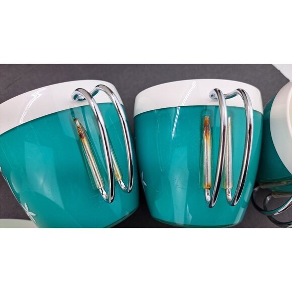 Vintage Mint Green Thermo Serv Mugs NFC White Floral Chrome Wire Handle MCM Teal - Picture 15 of 15